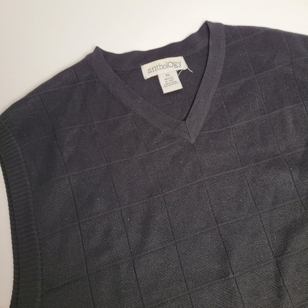 Anthology Sweater Vest Mens XL Grey Exclnt 100% Silk V-Neck Grid Knit Sleeveless